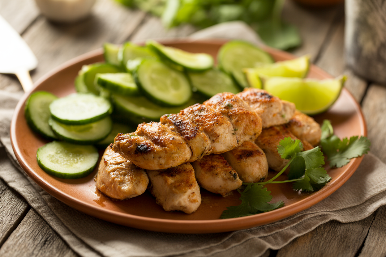 Brochettes de poulet épicé et salade de concombre
