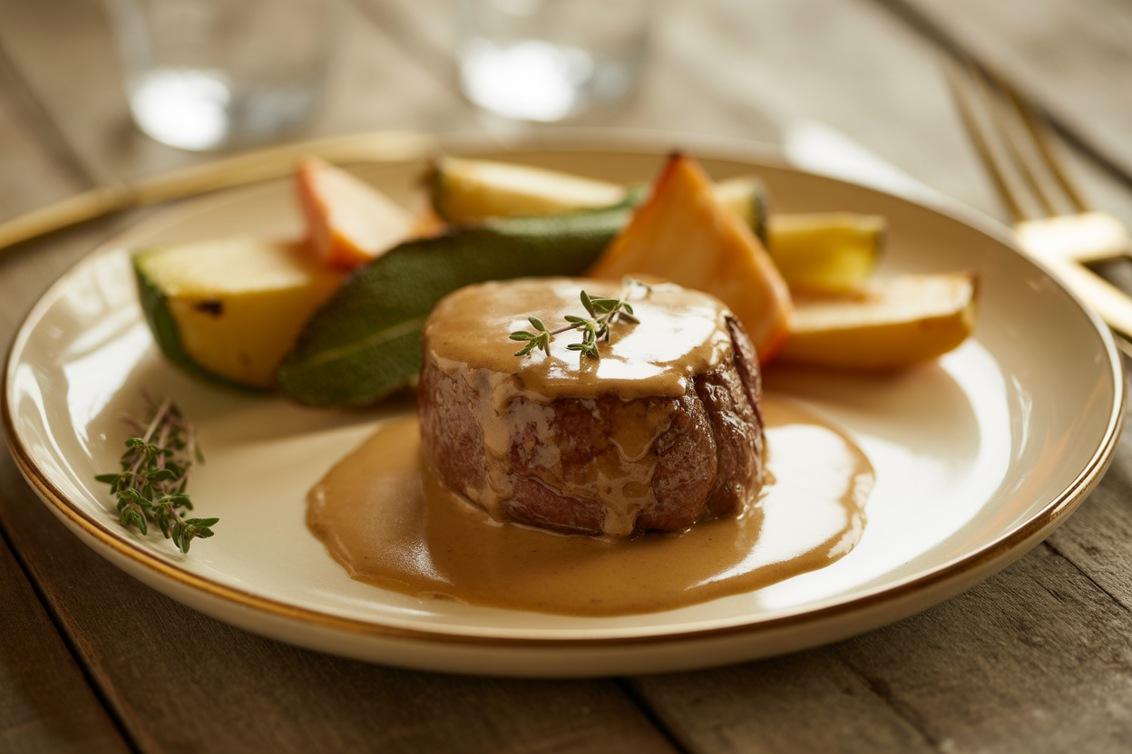 Filet mignon à la moutarde et légumes
