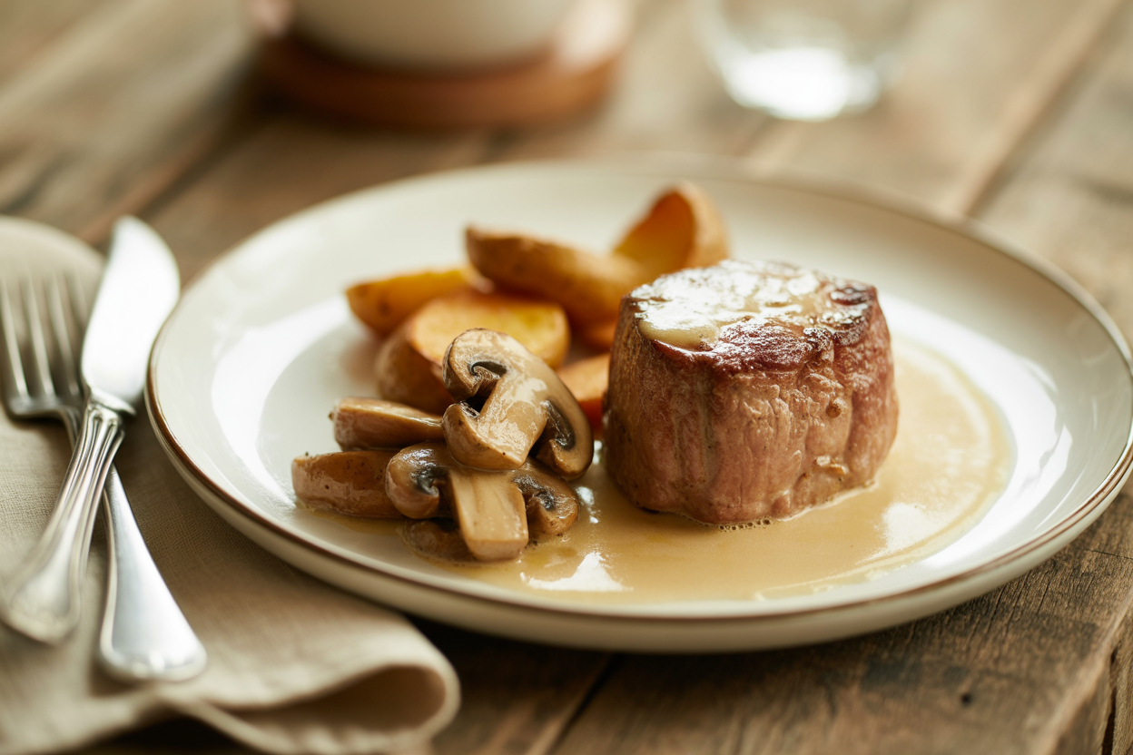 Filet mignon de porc aux champignons et pommes de terre