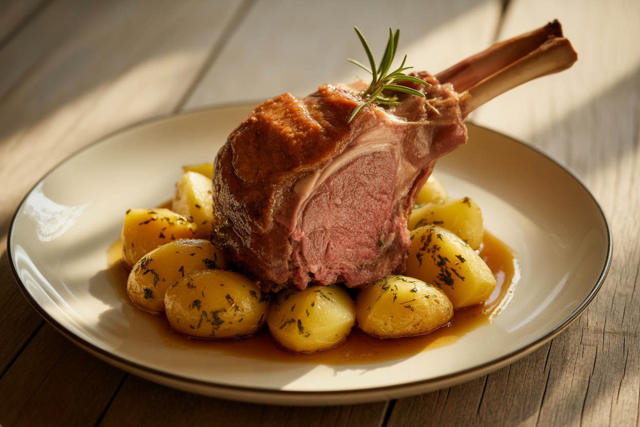 Gigot d'agneau aux pommes de terre et vin blanc