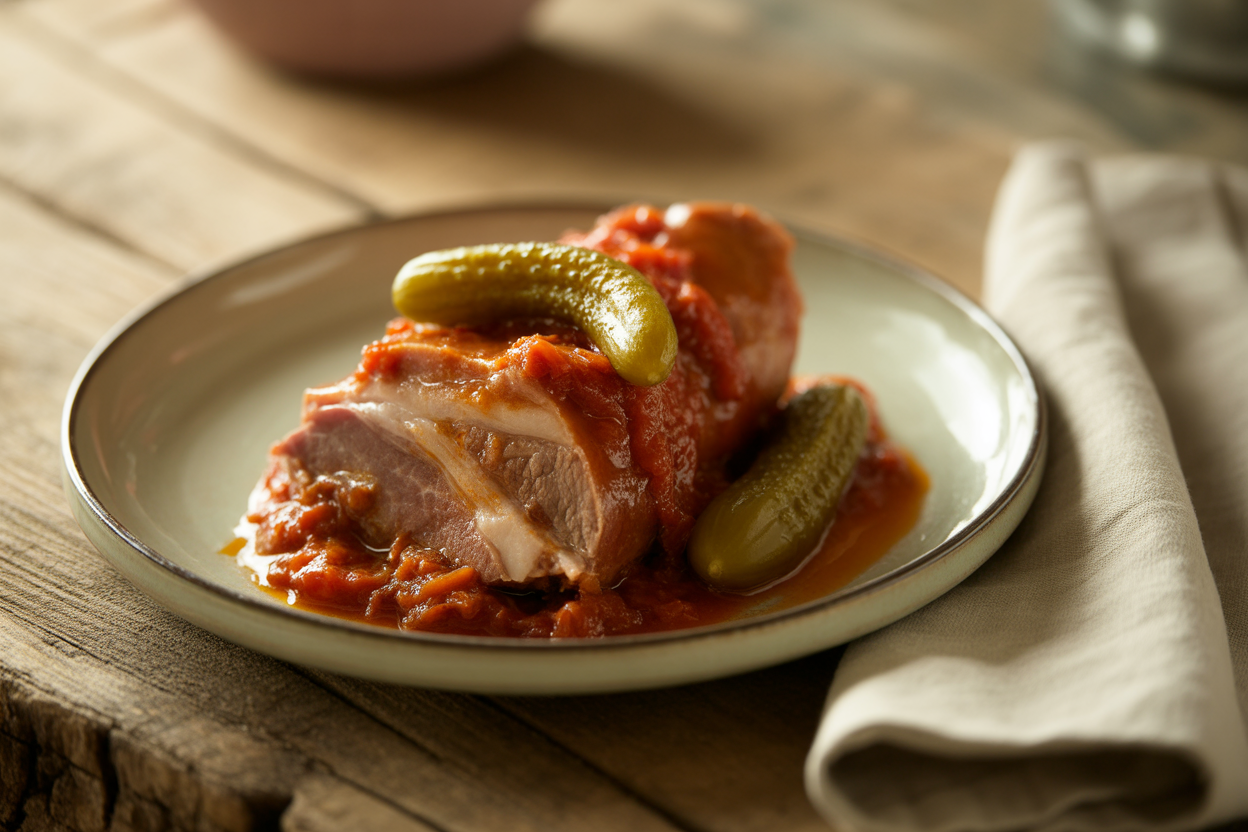 Langue de porc au Cookeo, sauce tomate et cornichons