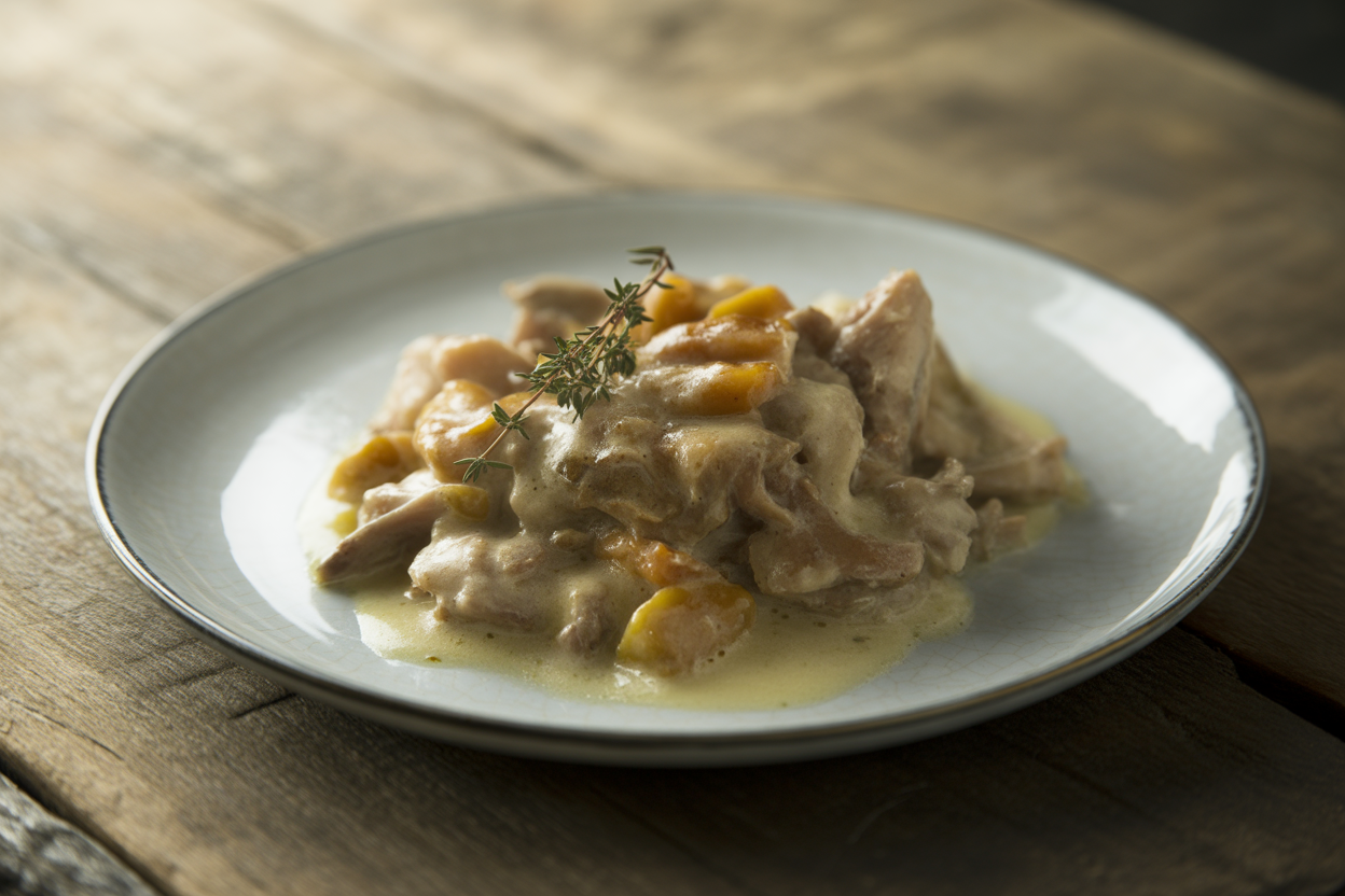 Lapin au vin blanc, crème fraîche et champignons