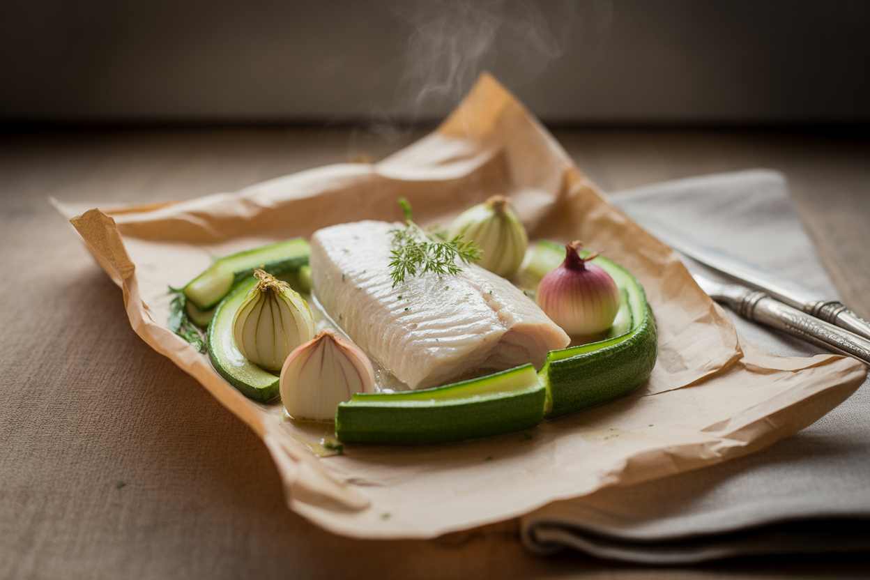 Papillote de colin aux courgettes et oignons