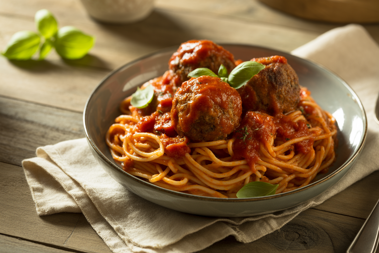 Pâtes et boulettes à la tomate