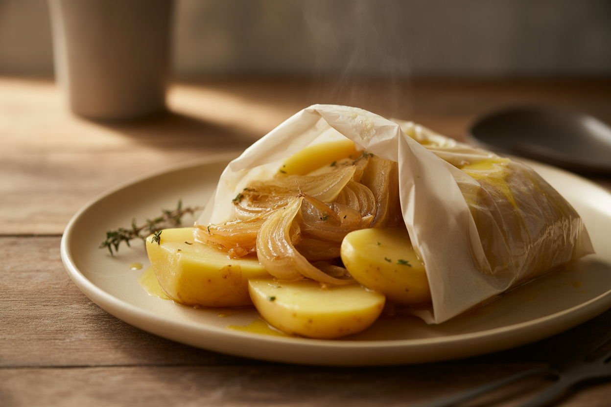 Pommes de terre aux oignons en papillote