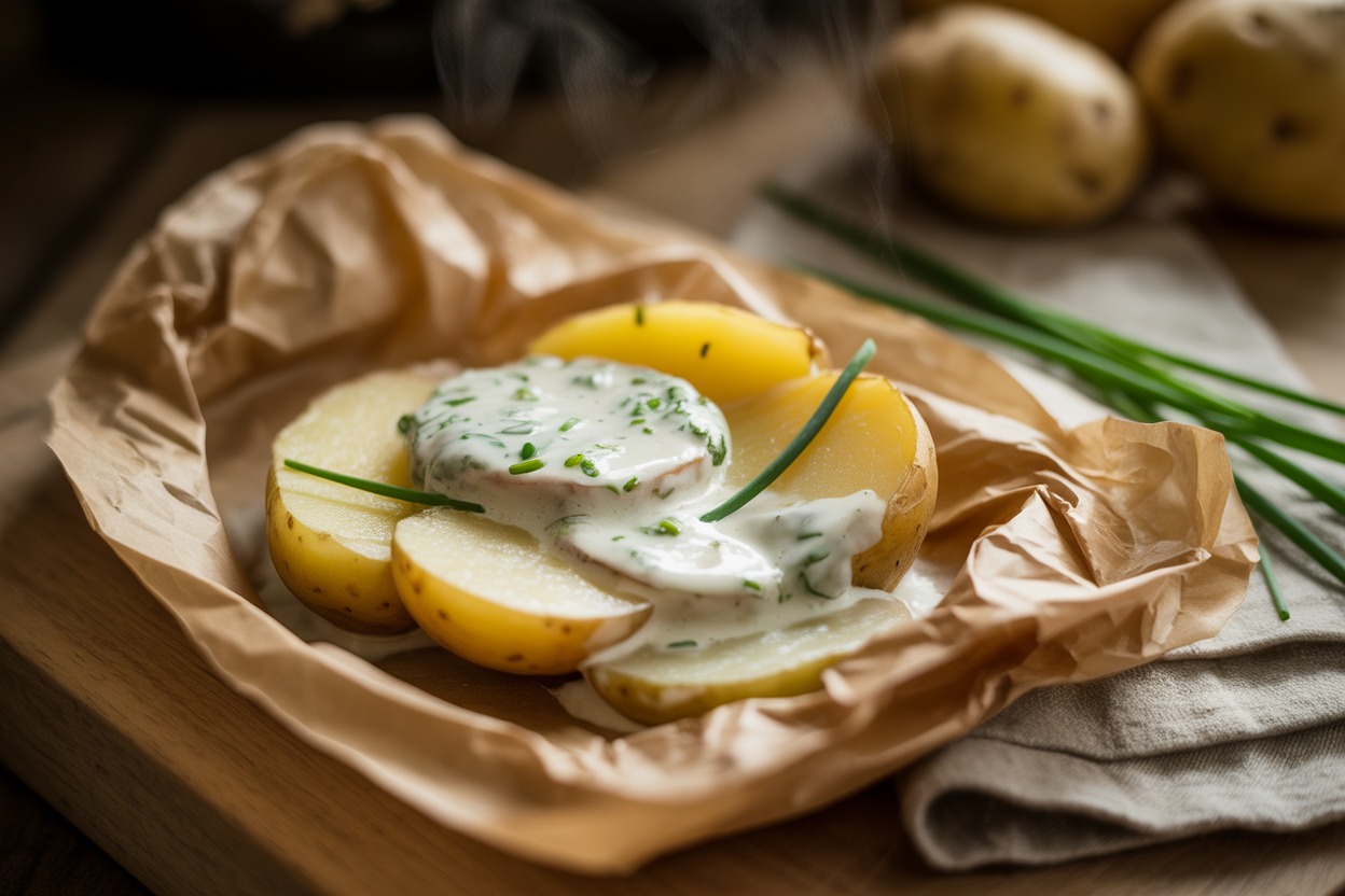 Pommes de terre en papillote à la crème de ciboulette