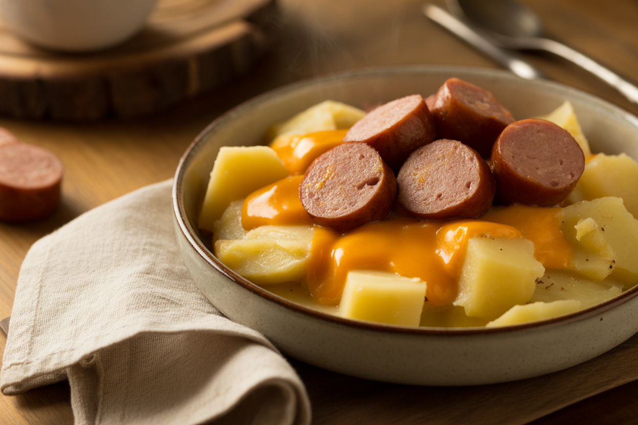 Pommes de terre, knacki et cheddar au Cookeo