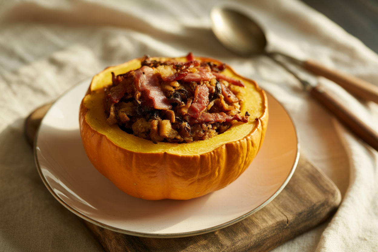 Potimarron farci aux champignons et lardons