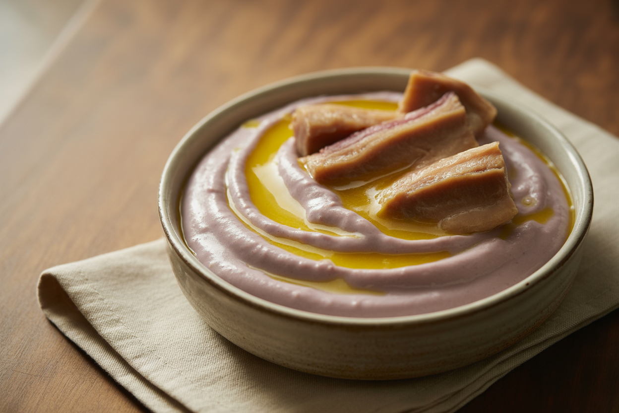 Purée de taro aux tripes et sauce jaune