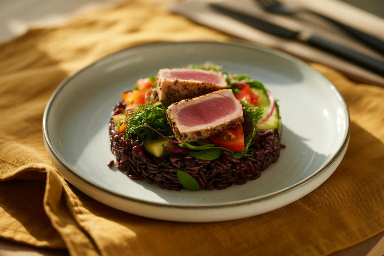 Salade de riz noir aux légumes et thon mi-cuit
