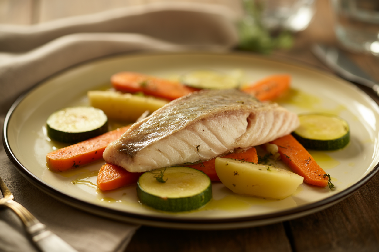 Sandre au four aux petits légumes