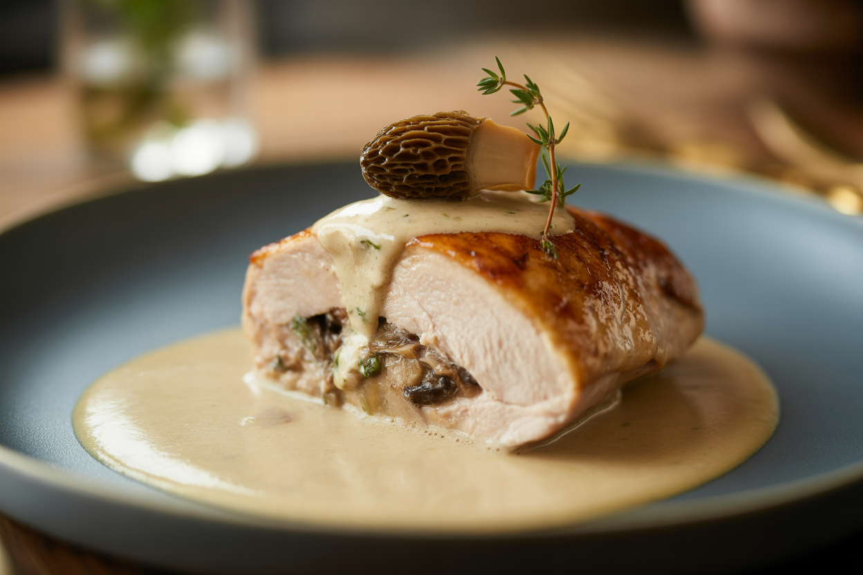 Suprêmes de volaille farcis aux champignons, sauce crème aux morilles