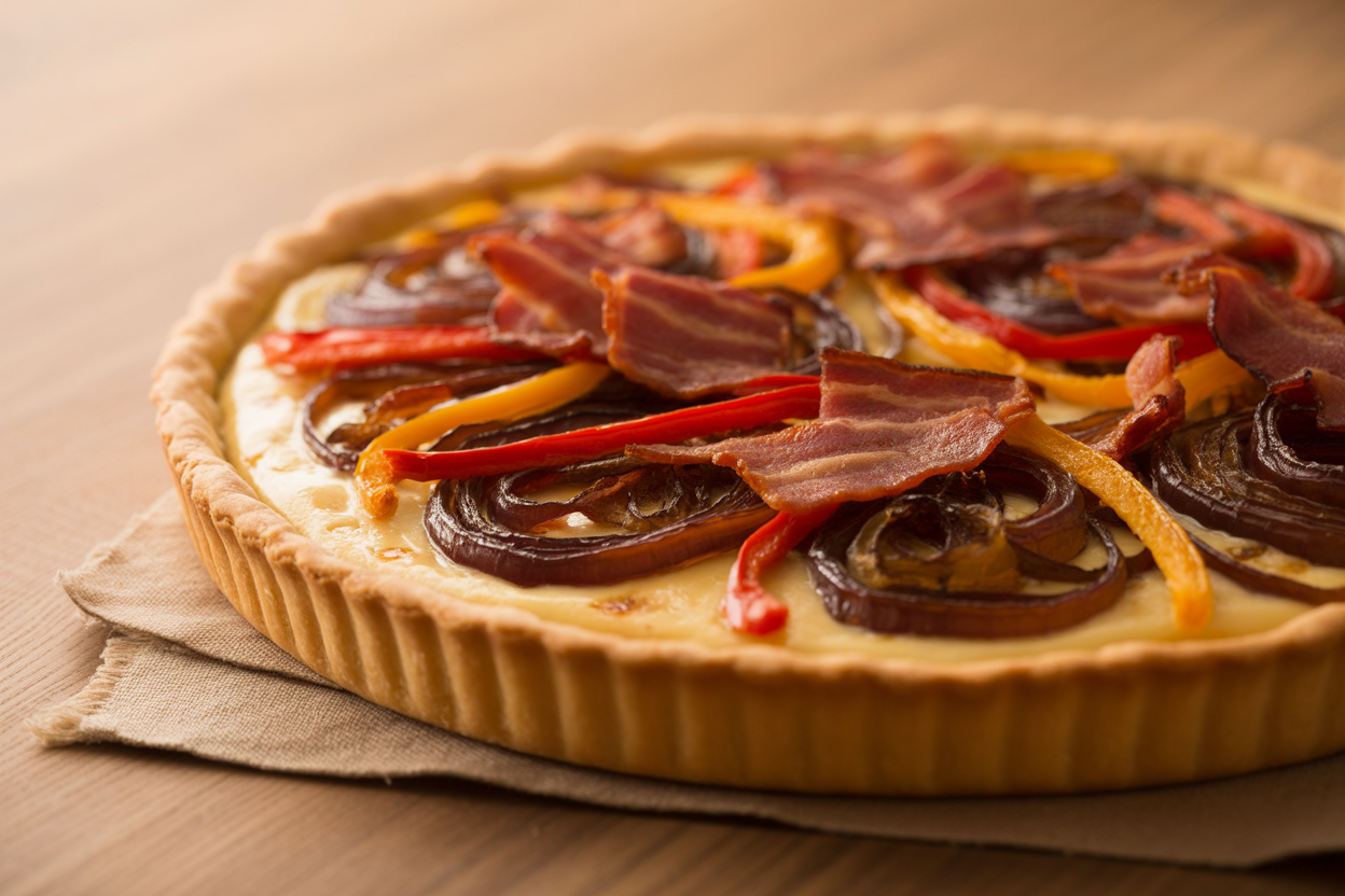 Tarte salée aux oignons, poivrons et lardons