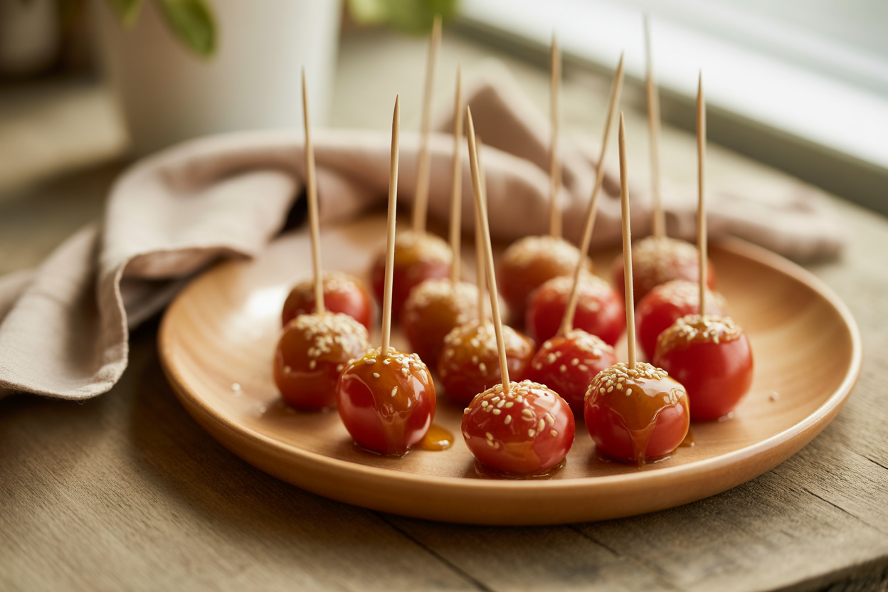 Tomates cerises en pics au caramel et sésame