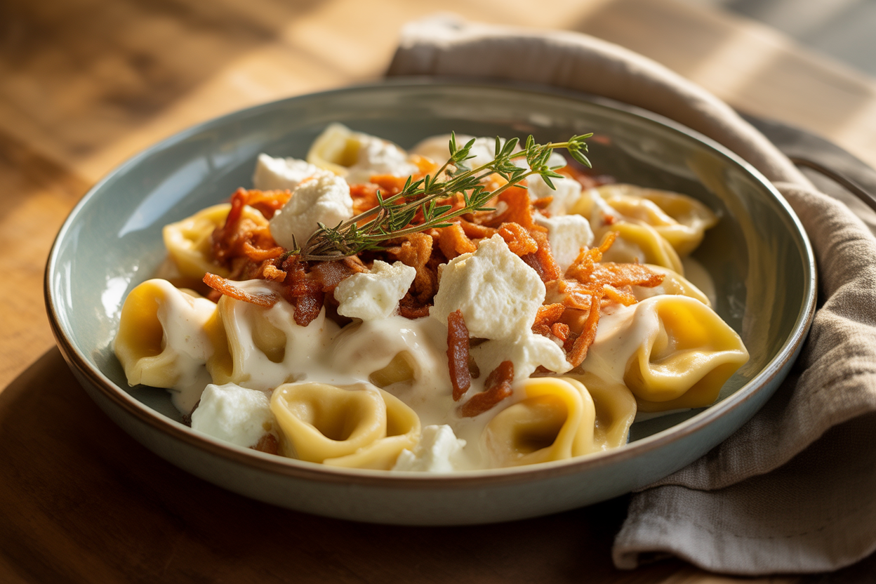 Tortellini à la crème, chèvre et lardons