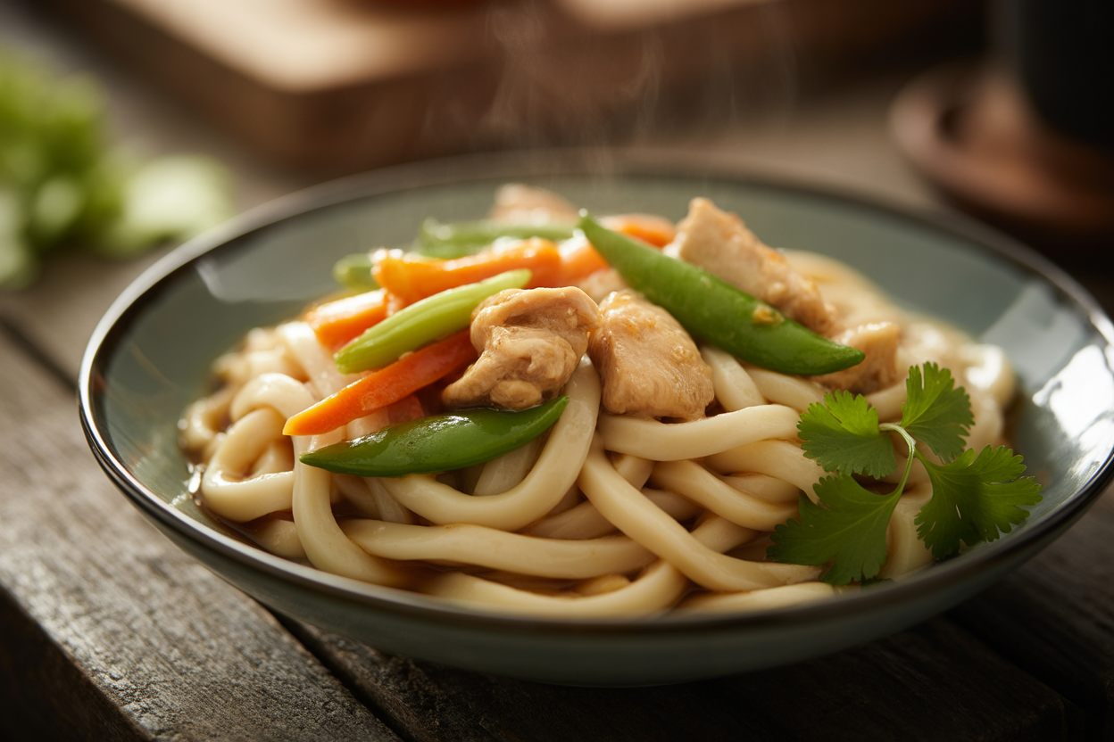 Udon sauté au poulet et légumes